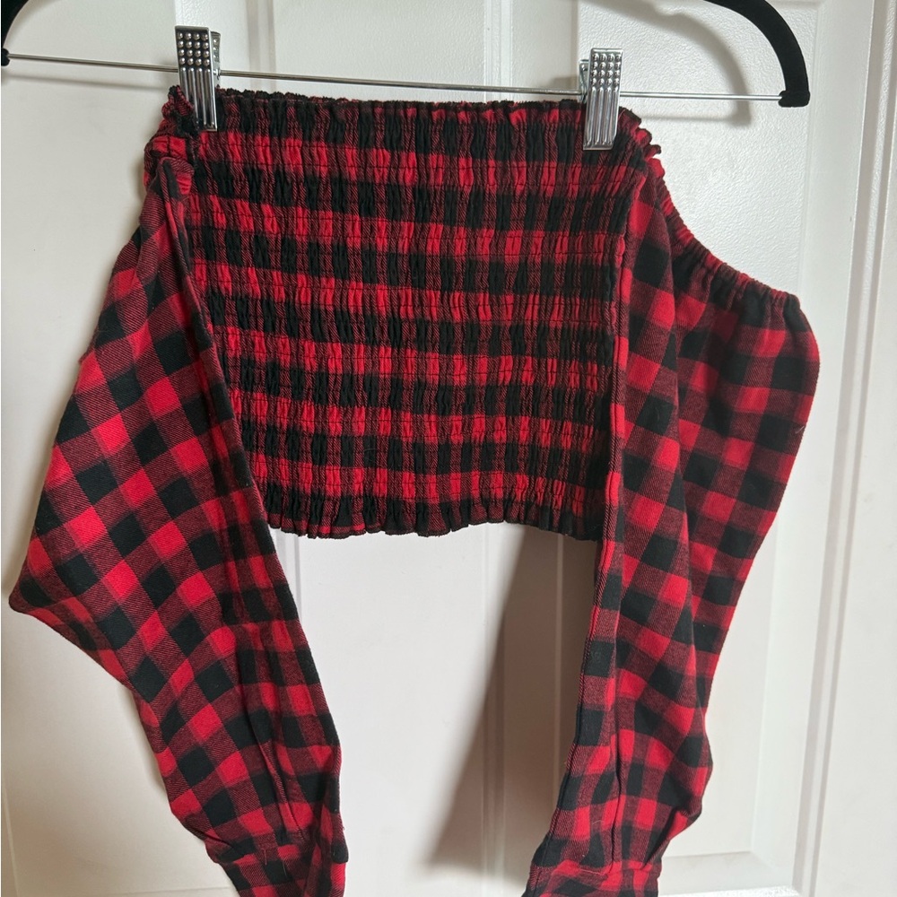 Reverse Red and Black Plaid Off-Shoulder Top